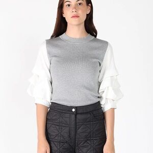 Gracia Gray and White Ruffle Sleeve Blouse